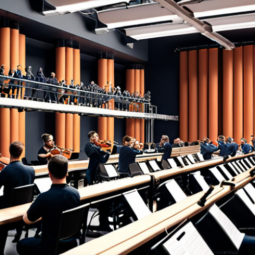 Home 4 A collaborative DevOps team, developers and operations working together seamlessly, like an orchestra playing in harmony, with CI/CD pipelines visualized as a smooth assembly line in the background.