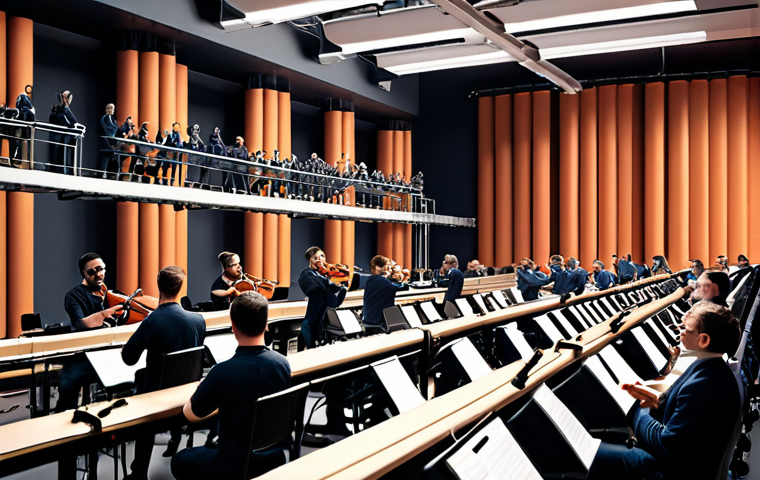 A collaborative DevOps team, developers and operations working together seamlessly, like an orchestra playing in harmony, with CI/CD pipelines visualized as a smooth assembly line in the background.