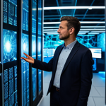 A diverse group of tech professionals, fully clothed in modern, modest business attire, collaborating in a sleek, futuristic data center. Holographic projections display complex cloud architecture, intricate data streams, and advanced AI algorithms, symbolizing digital transformation. The scene is captured with professional photography, featuring sharp focus, vibrant colors, and cinematic lighting, highlighting innovation and interconnectedness. safe for work, appropriate content, fully clothed, professional dress, perfect anatomy, correct proportions, natural pose, well-formed hands, proper finger count, natural body proportions.