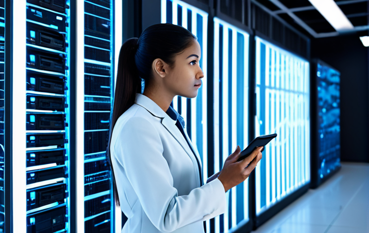 A professional cloud engineer in modest business casual attire, standing in a modern, ethereal cloud data center. They are looking intently at a translucent, large holographic display that shows intricate, flowing log data streams and network connections, visually representing the invisible processes of cloud systems. The engineer's expression is focused and analytical, as if gaining deep insight from the data. The background is a clean, minimalist, high-tech cloud server room with soft blue and white lighting and abstract data lines. professional photography, high-quality, perfect anatomy, correct proportions, natural pose, well-formed hands, proper finger count, natural body proportions, crisp focus, clear detail, safe for work, appropriate content, fully clothed, professional, modest, family-friendly.