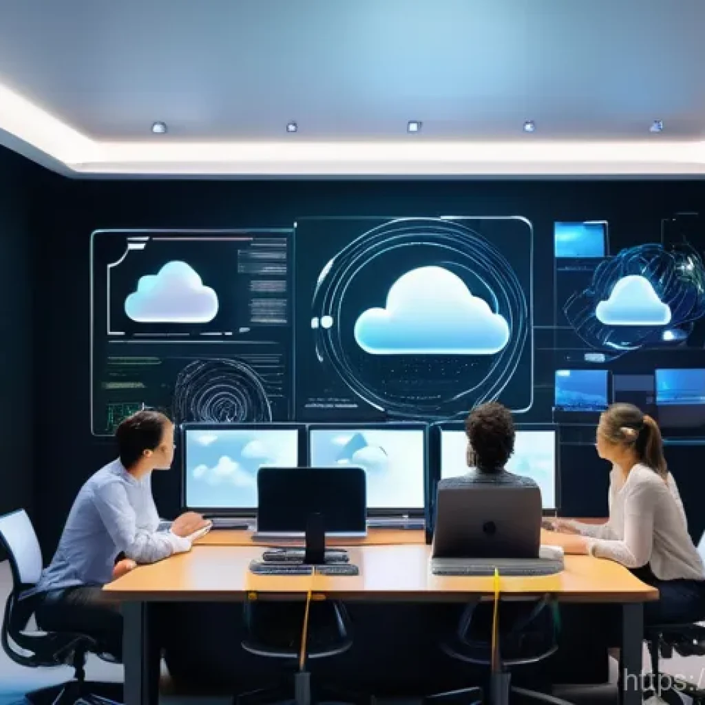 클라우드 컴퓨팅 관련 전문 서적 추천 - **Prompt:** A futuristic, bright workspace where a diverse group of young professionals (wearing sma...