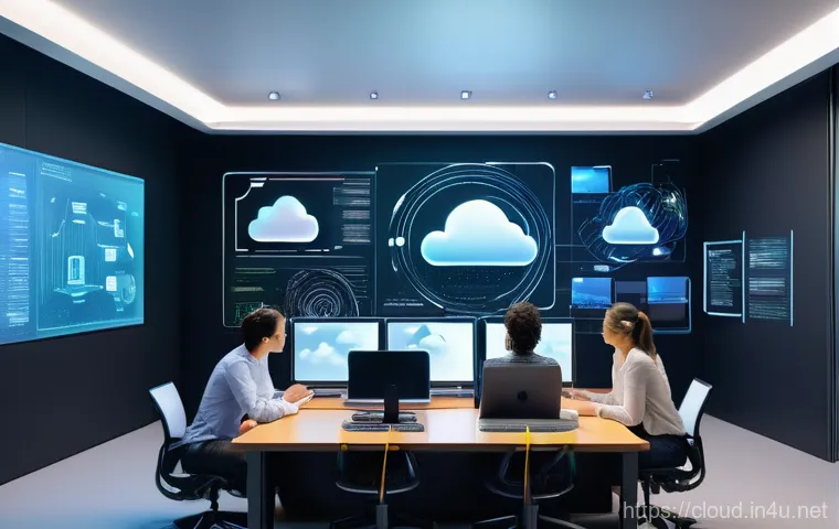 클라우드 컴퓨팅 관련 전문 서적 추천 - **Prompt:** A futuristic, bright workspace where a diverse group of young professionals (wearing sma...