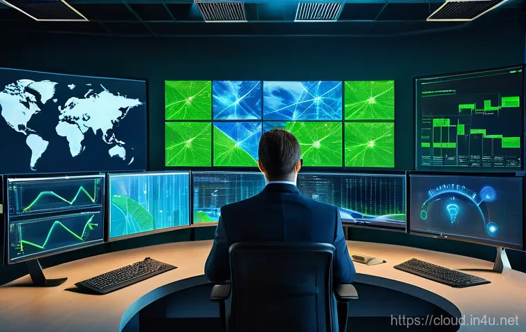 클라우드 컴퓨팅 관련 전문 서적 추천 - **Prompt:** A dynamic, high-tech control room environment, with multiple large screens displaying in...