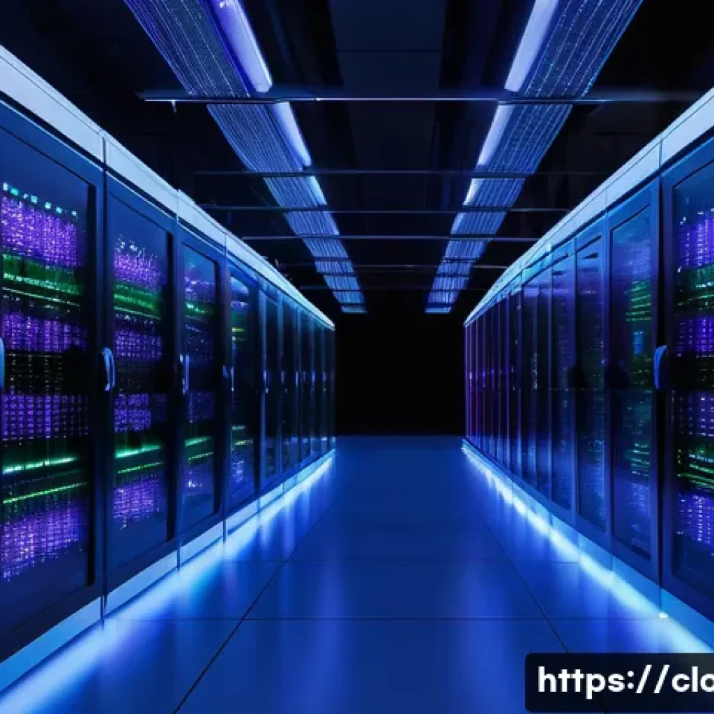 클라우드 컴퓨팅 트렌드와 시장 전망 - **Prompt:** A futuristic, highly advanced data center glowing with soft, electric blue and purple li...