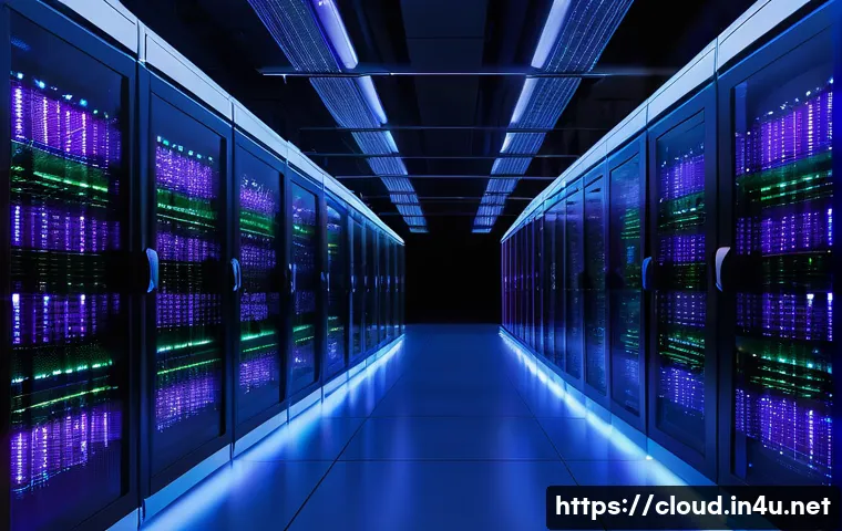 클라우드 컴퓨팅 트렌드와 시장 전망 - **Prompt:** A futuristic, highly advanced data center glowing with soft, electric blue and purple li...