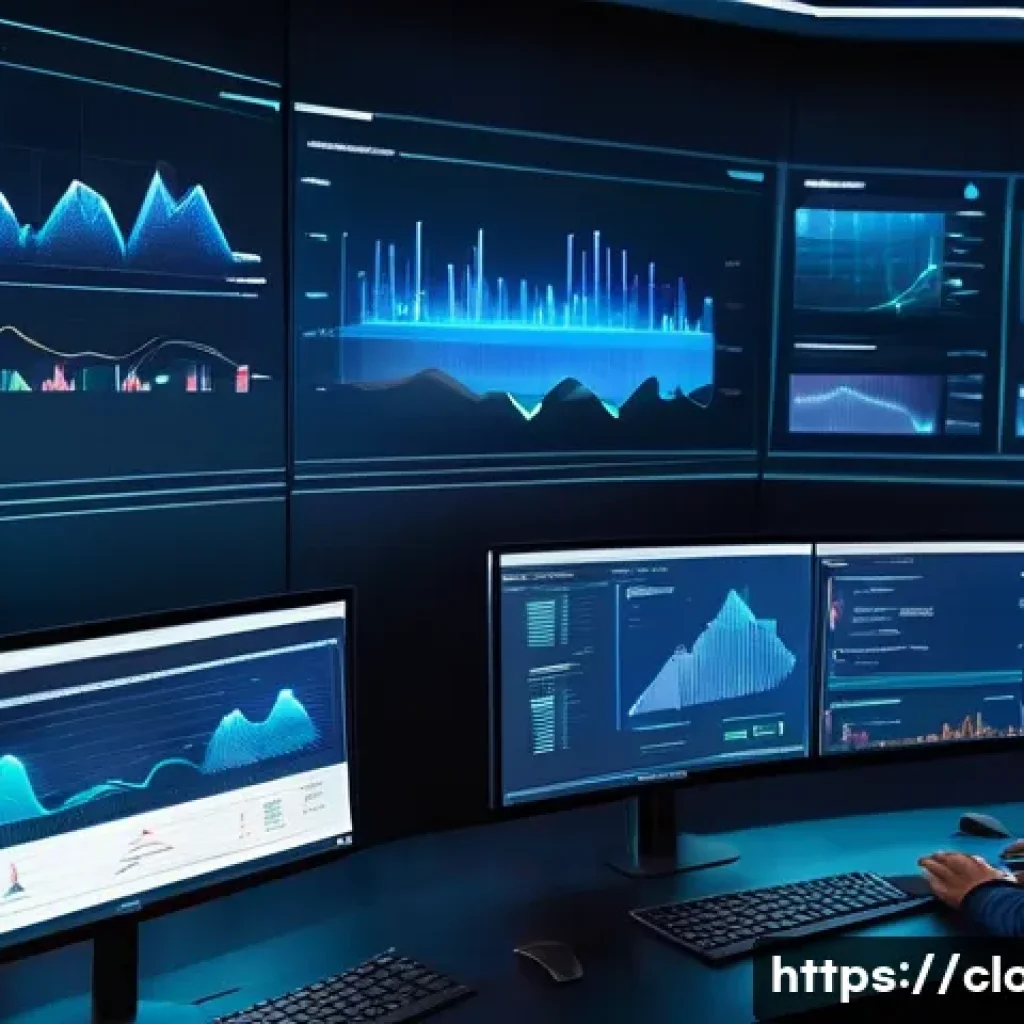 클라우드에서 서버리스 컴퓨팅 실전 활용 - A futuristic serverless computing control room filled with holographic screens displaying real-time ...