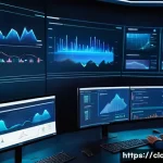 클라우드에서 서버리스 컴퓨팅 실전 활용 - A futuristic serverless computing control room filled with holographic screens displaying real-time ...