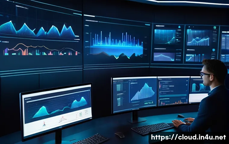 클라우드에서 서버리스 컴퓨팅 실전 활용 - A futuristic serverless computing control room filled with holographic screens displaying real-time ...