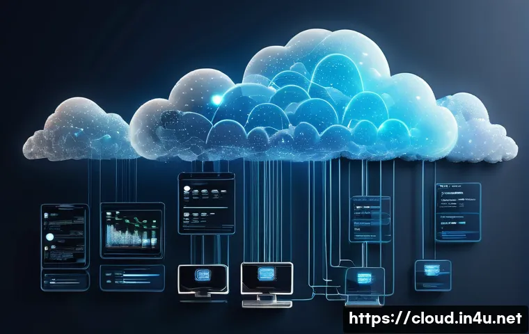 클라우드 데이터베이스 설계 및 최적화 - A high-tech cloud database architecture visualization showing a hybrid schema design: a layered digi...