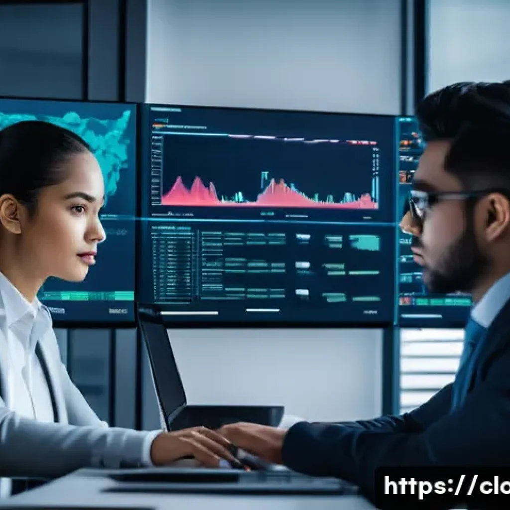 클라우드 보안 사고 예방을 위한 실무 사례 - A detailed office scene showing a cybersecurity team actively monitoring multiple large screens disp...