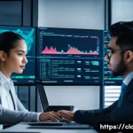 클라우드 보안 사고 예방을 위한 실무 사례 - A detailed office scene showing a cybersecurity team actively monitoring multiple large screens disp...