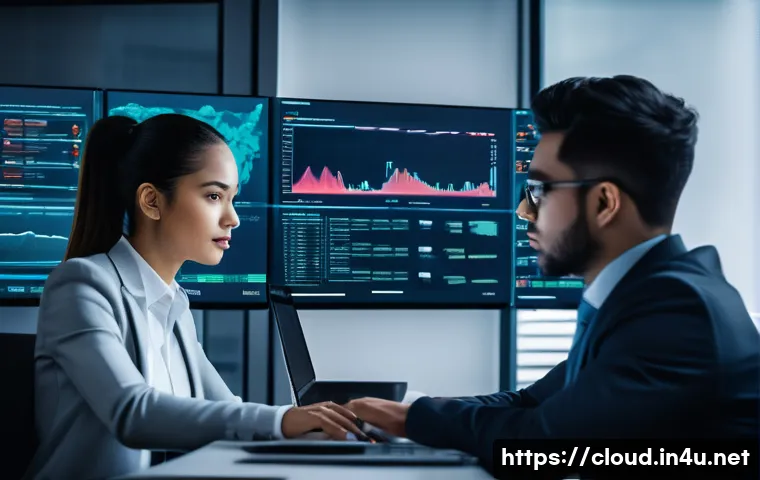 클라우드 보안 사고 예방을 위한 실무 사례 - A detailed office scene showing a cybersecurity team actively monitoring multiple large screens disp...