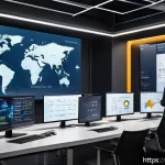 클라우드 서비스 간 데이터 이전 방법 - A detailed, modern office setting with diverse professionals collaborating on a large digital touchs...