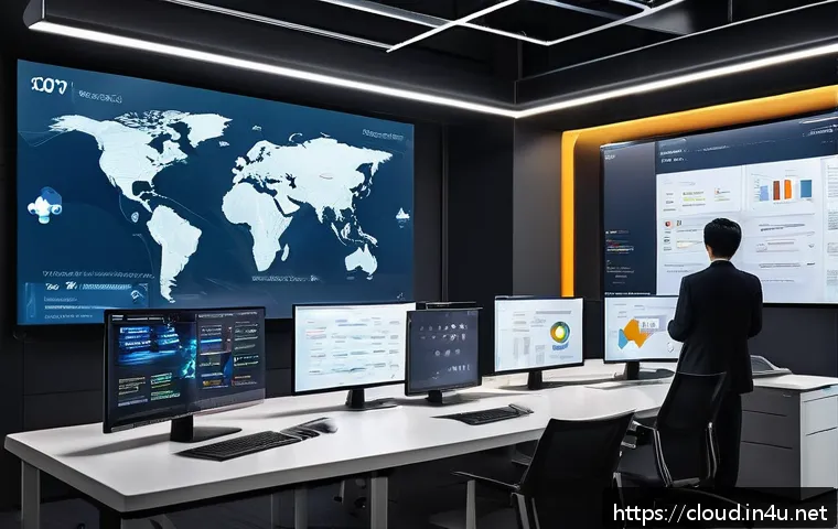 클라우드 서비스 간 데이터 이전 방법 - A detailed, modern office setting with diverse professionals collaborating on a large digital touchs...