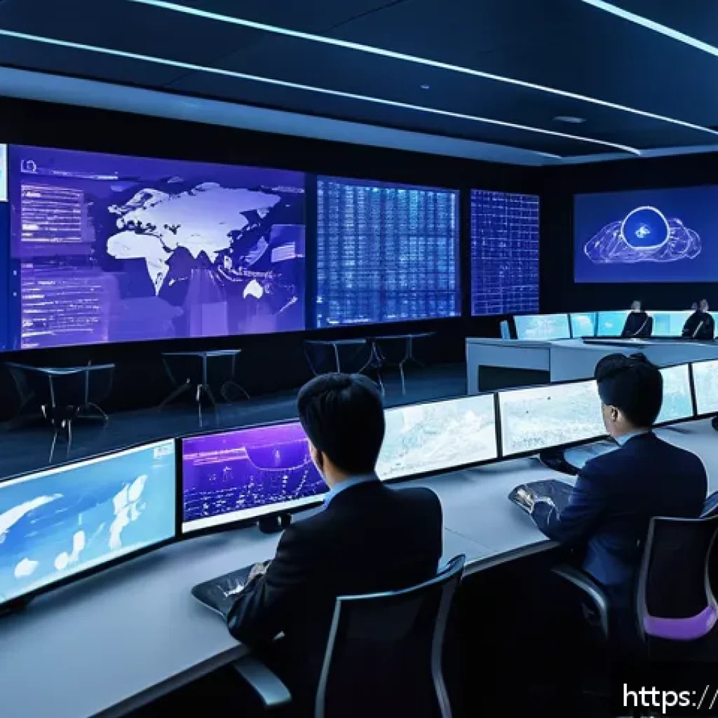 클라우드 보안 관리와 규제 준수 사례 - A futuristic hybrid cloud security operations center with diverse professionals monitoring multiple ...