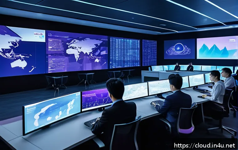 클라우드 보안 관리와 규제 준수 사례 - A futuristic hybrid cloud security operations center with diverse professionals monitoring multiple ...