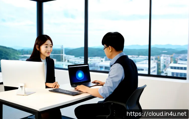 Home 17 클라우드 플랫폼별 연봉 차이 분석 - Photorealistic modern office scene showing three cloud technology specialists in separate, clearly d...